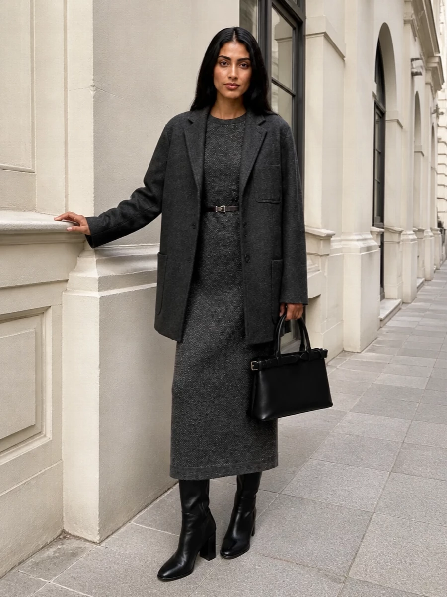 I am styling the coat with the Brunello Cucinelli charcoal knit maxi dress rather than a full tailoring set so the Prada outerwear becomes the only structured jacket, keeping the silhouette long, calm and quietly authoritative. Black knee-high boots and a structured top-handle bag anchor the column in a precise, city-ready way that feels considered from morning meetings through dinner. The mix of charcoal, black and deep brown leather stays within a disciplined, winter palette while the knit texture softens the rigor of the coat.