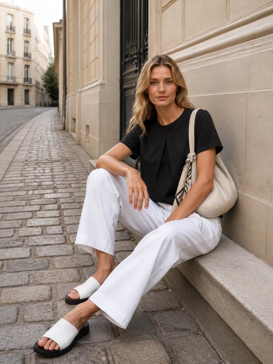 A black structured tee meets soft white tailoring for a calm, graphic take on warm-weather city dressing. The flat white slides and sculpted ivory hobo keep the mood relaxed yet precise, while the linear scarf quietly echoes the top’s clean front pleat. Together they read as easy, minimal and quietly confident from daytime errands to understated dinners.