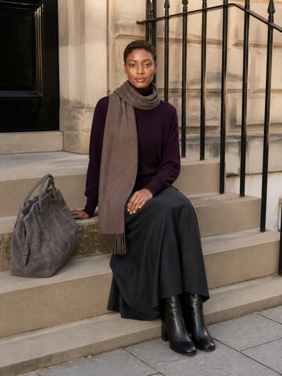 Giorgio armani aubergine sweater charcoal maxi skirt