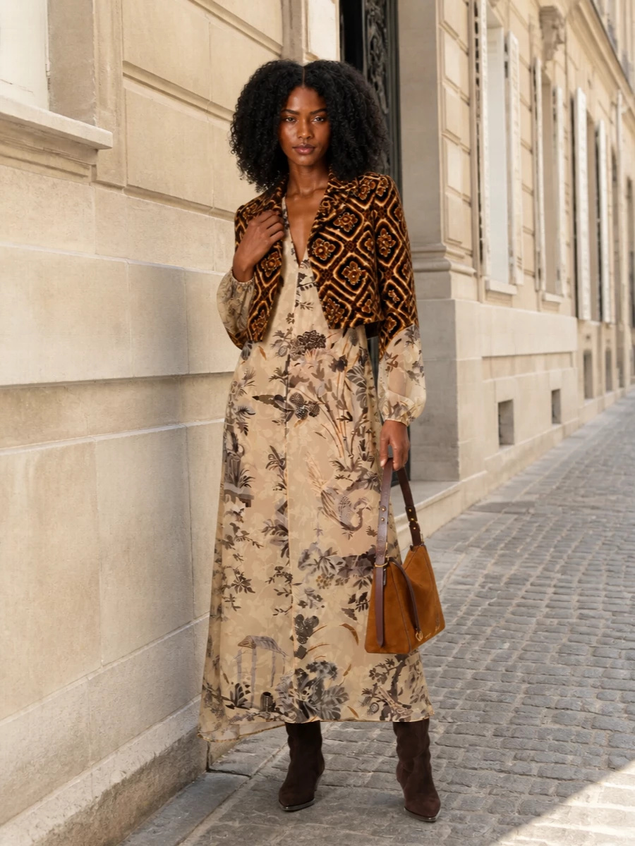 Etro brocade jacket printed maxi dress outfit