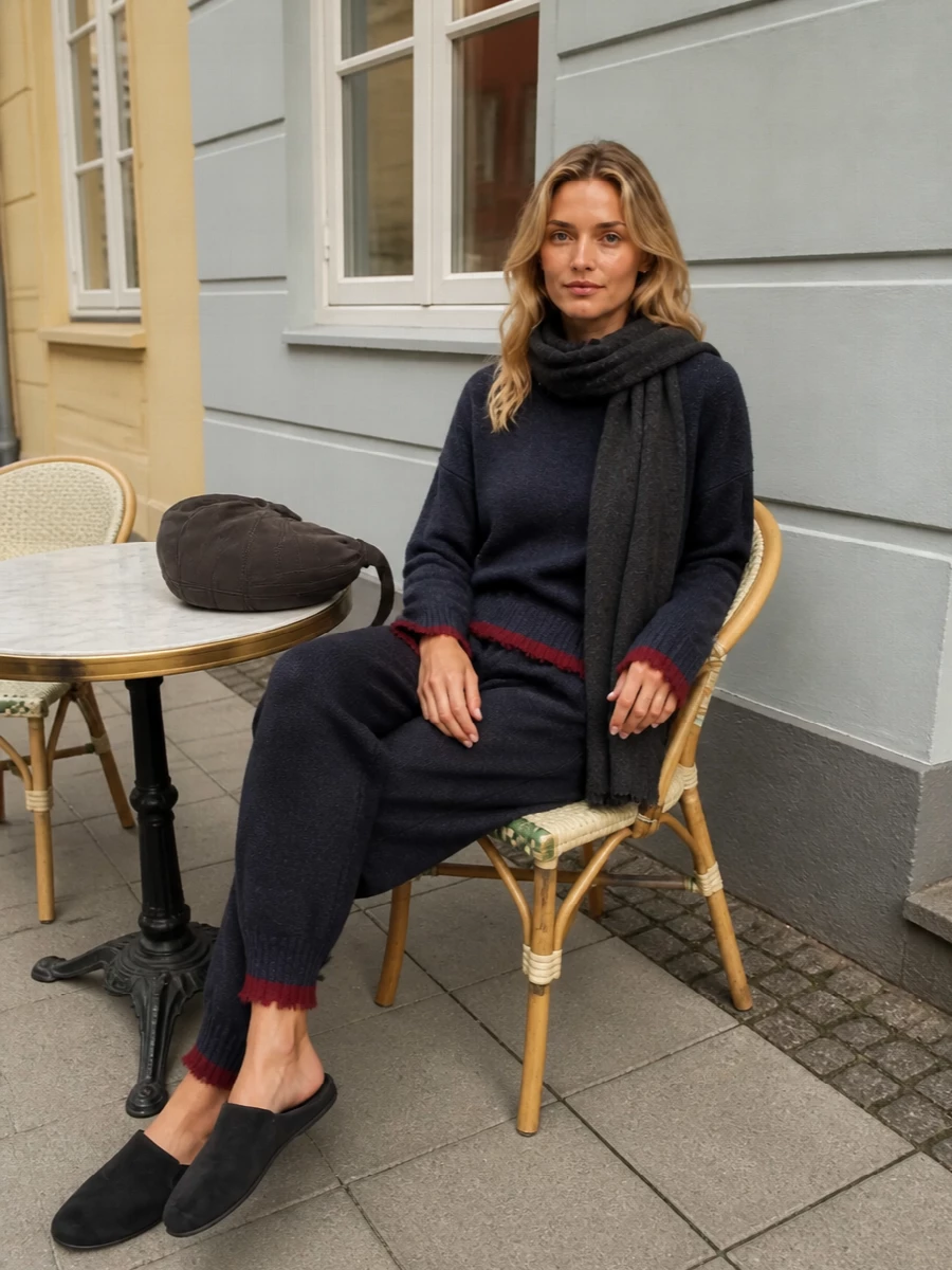 Uma wang charcoal joggers navy sweater outfit