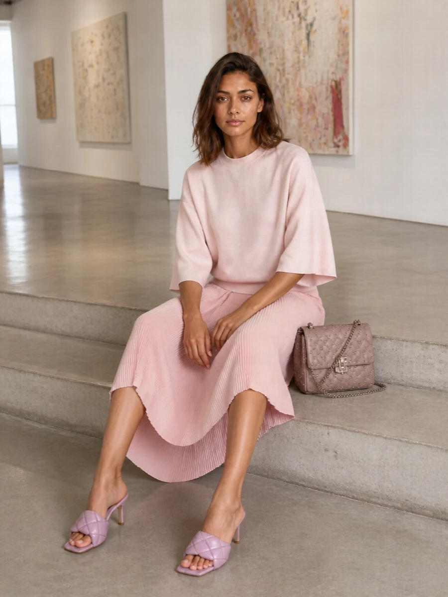 Givenchy blush midi skirt bottega mule valentino bag
