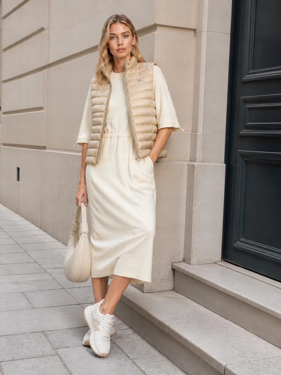This look builds a refined, tonal sport-luxe story around the light beige Moncler gilet, layering it over an ivory drawstring-waist midi T-shirt dress for effortless SS ease. Off-white and beige Moncler runners keep the silhouette fresh and functional, while the sculpted ivory Lemaire hobo bag introduces a quietly luxurious, sculptural note that elevates the outfit from travel-ready to city-polished. Choosing the dress route rather than top-and-bottom keeps the line clean and streamlined, letting the gilet remain the hero piece.