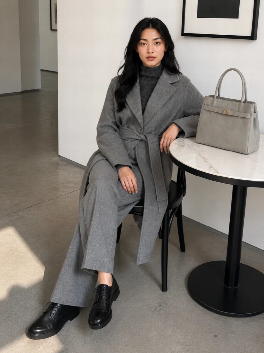S max mara grey coat wide leg trousers outfit