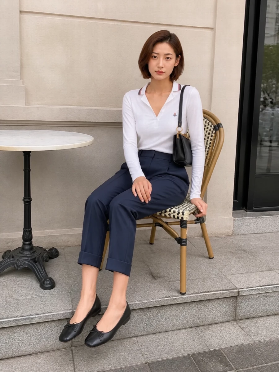A crisp white Westwood polo meets deep navy pleated trousers for a streamlined, collegiate take on city dressing. Black square-toe flats and a compact frame shoulder bag keep the lines clean and quietly assertive. The red tipping on the polo stays as the only accent, so the outfit reads sharp without ever feeling busy.
