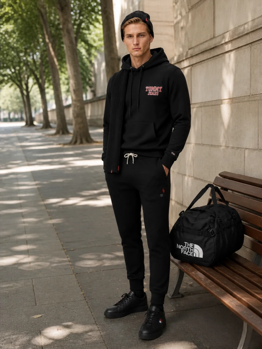 Tommy jeans black hoodie joggers sneakers outfit