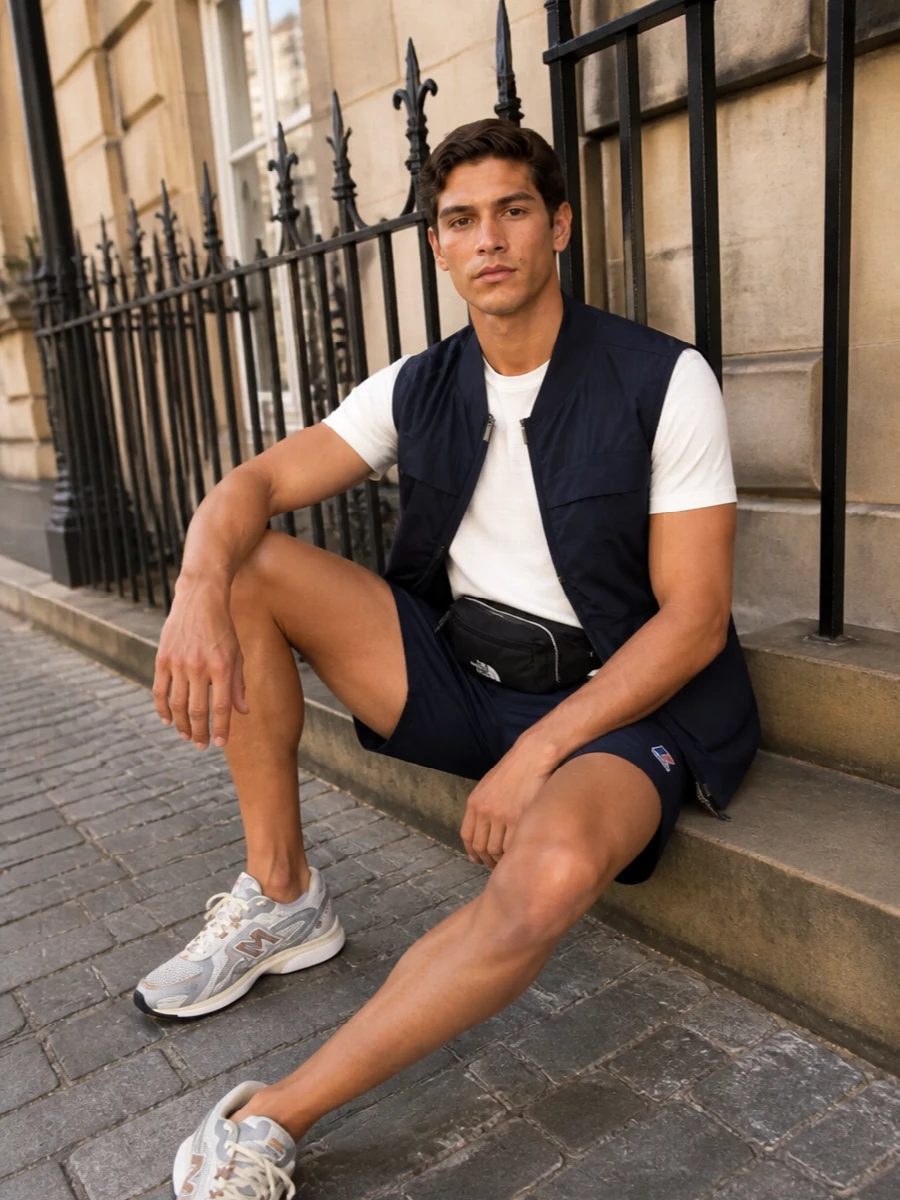 K way navy gilet shorts new balance outfit