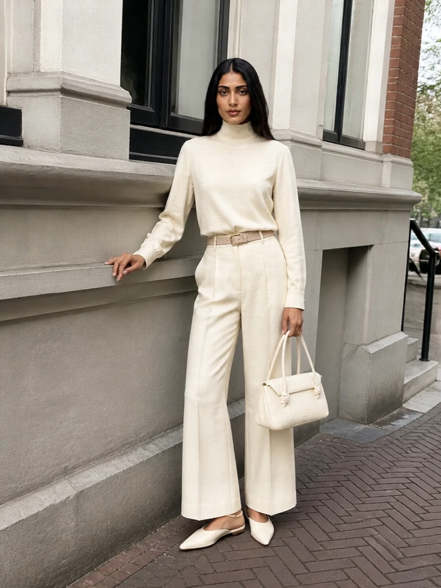 Jil sander ivory wide leg pants cream blouse outfit