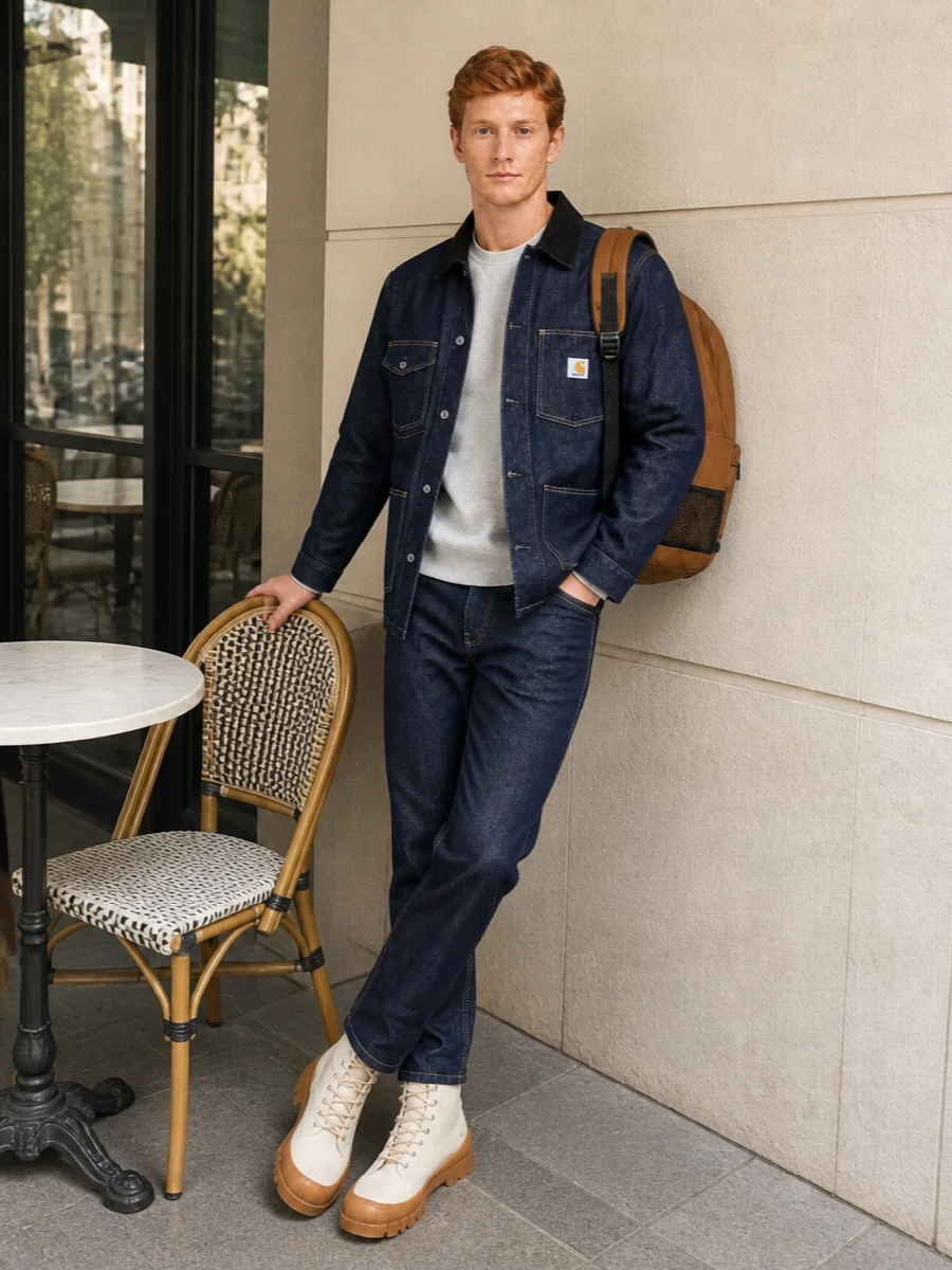 Raw indigo on indigo sets a clean, utility-first base, with soft grey fleece breaking up the denim and keeping it easy for long city days. Canvas combat boots and a caramel workwear backpack push the mood toward modern field gear, grounding the outfit in practical streetwear that still feels intentional and cohesive.