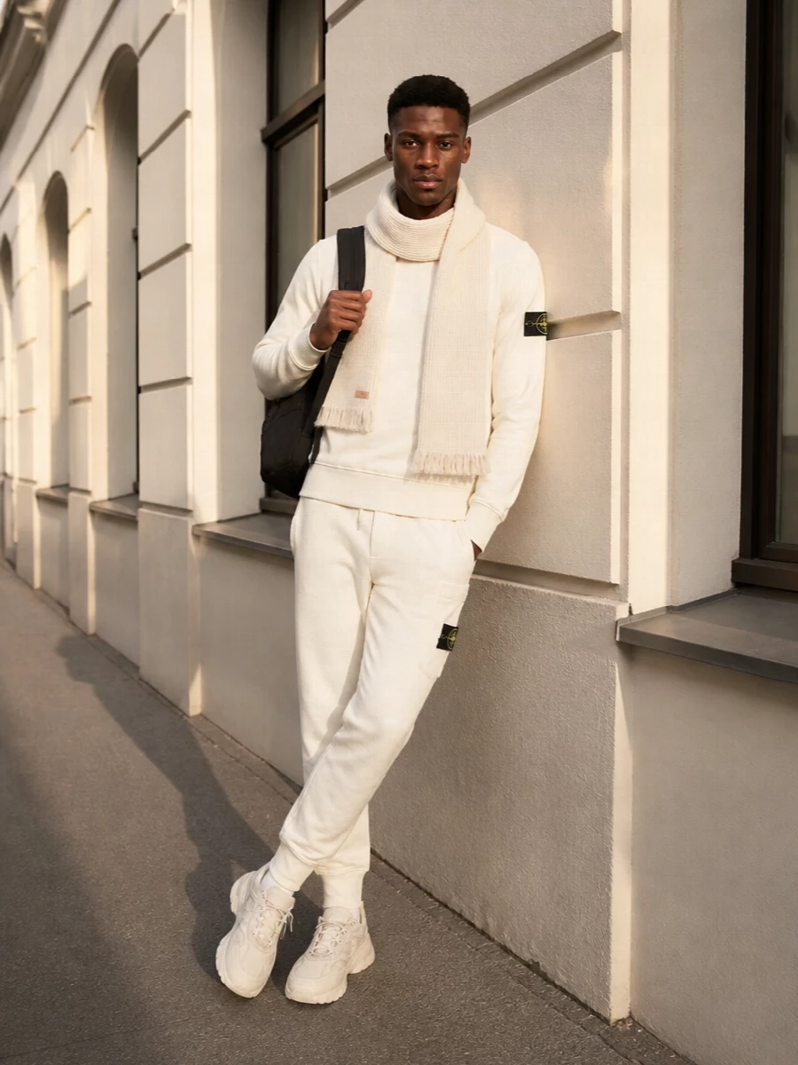 Stone island cream joggers neutral sneakers outfit