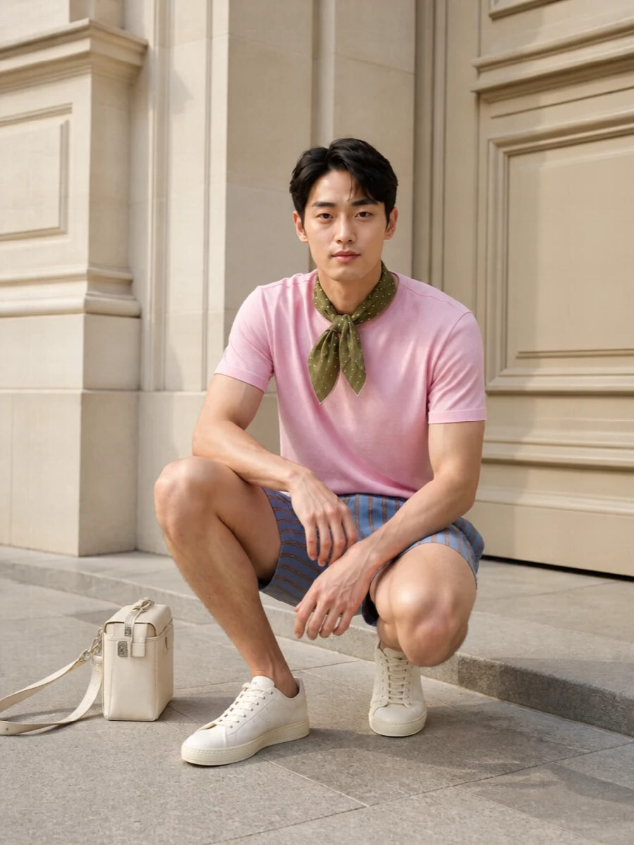 Soft pink, sky blue and cream sit together with an easy, sunlit clarity, giving the tee a quietly confident context rather than a novelty moment. The tailored striped short keeps the line clean and intentional, while pale leather sneakers and a cream crossbody stay tonally light so the colour story feels calm, not busy. An olive silk scarf at the neck is the only gesture, adding just enough texture and conversation without disturbing the minimalist attitude.
