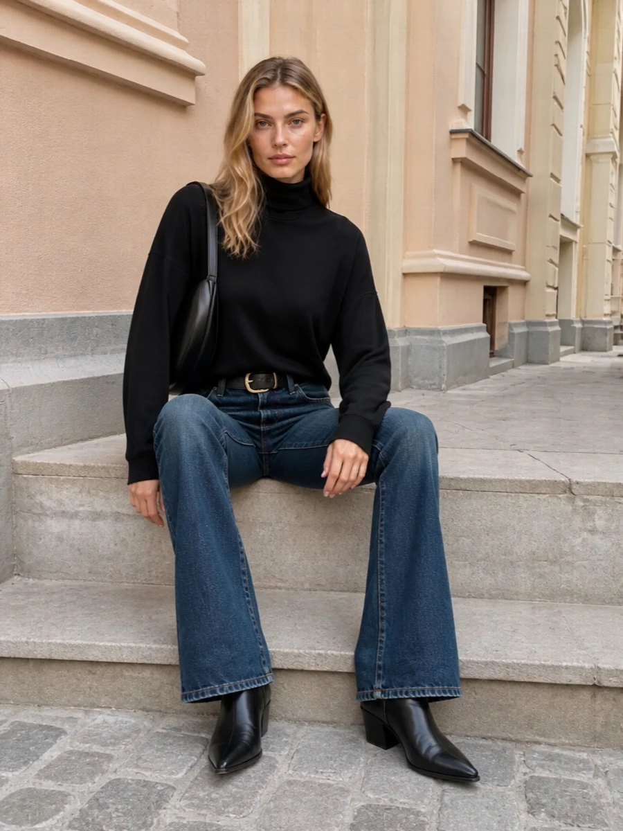 Haikure flared jeans black turtleneck ankle boots