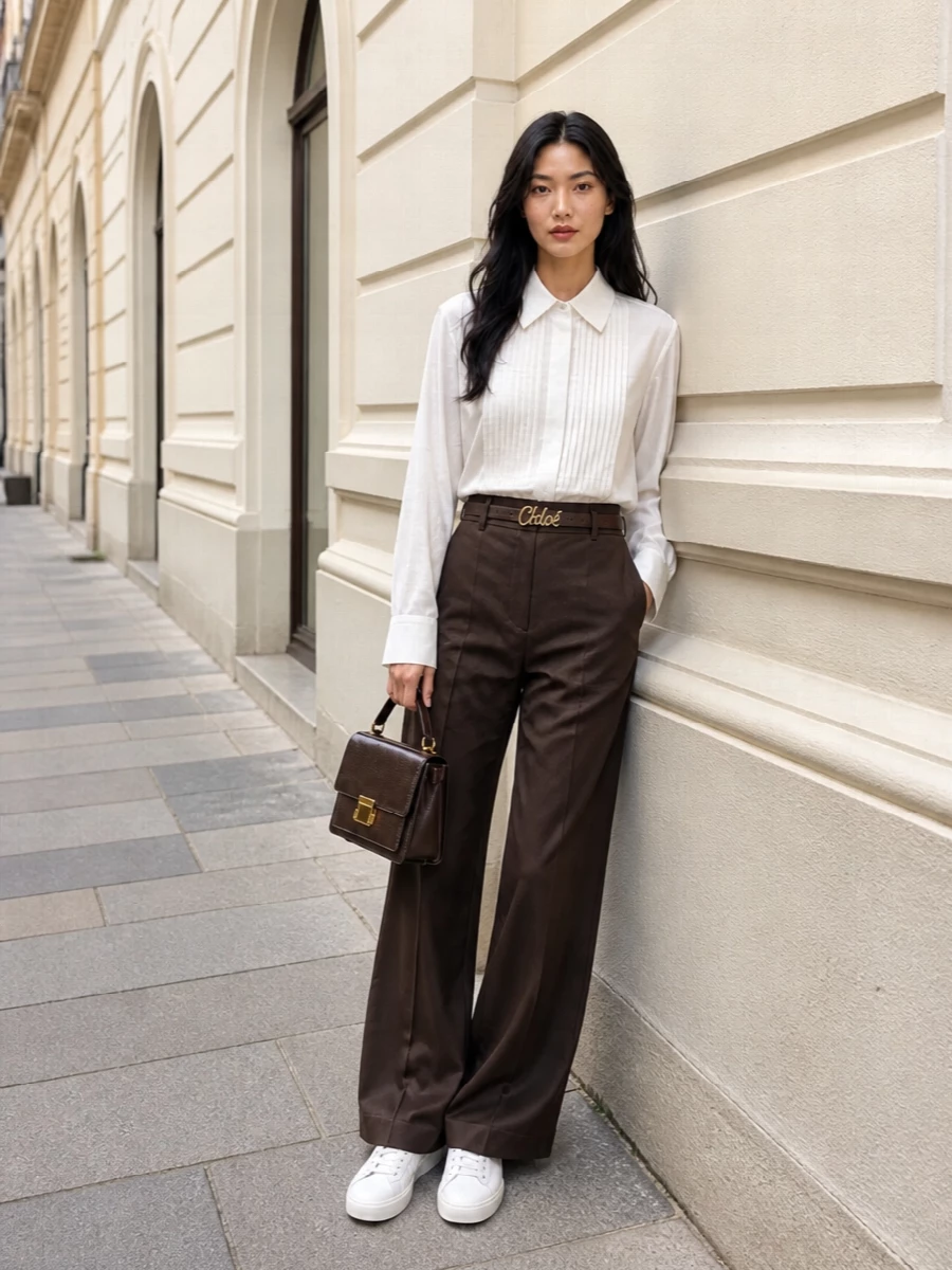 Crisp white tuxedo shirting against deep chocolate tailoring feels quietly confident, especially cinched with a slim tonal belt. The clean white sneakers keep it modern and unfussy, while the structured brown bag anchors everything in a refined, day-to-dinner mood. It is an easy, minimal uniform that balances sharp lines with soft movement through the leg.
