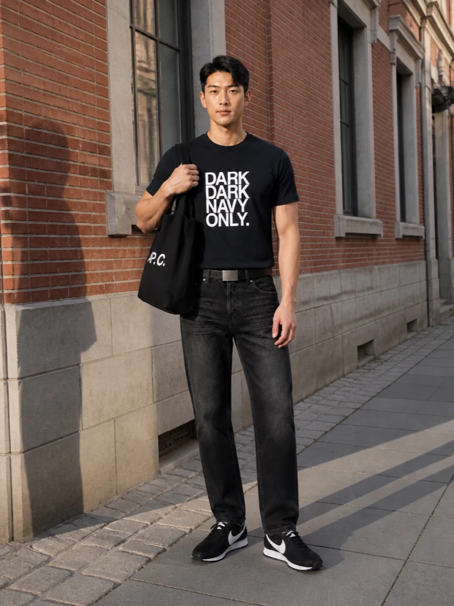 Apc navy graphic t shirt black jeans outfit