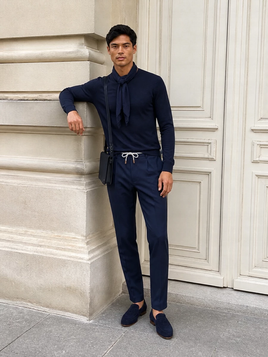 John smedley navy sweater eleventy trousers tods loafers