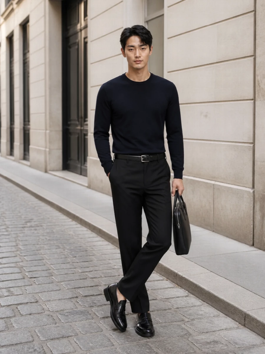 Prada charcoal wool trousers navy crewneck outfit