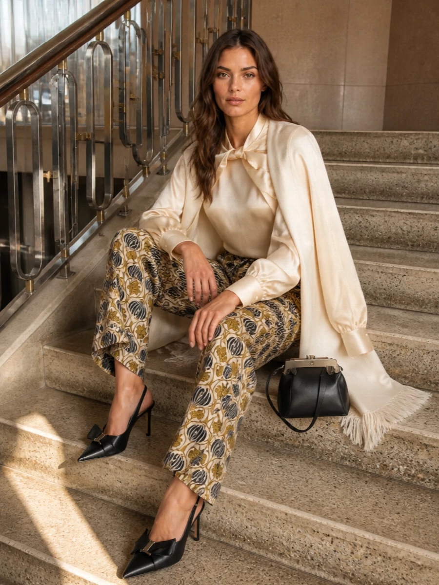 Max mara printed wide leg trousers satin blouse