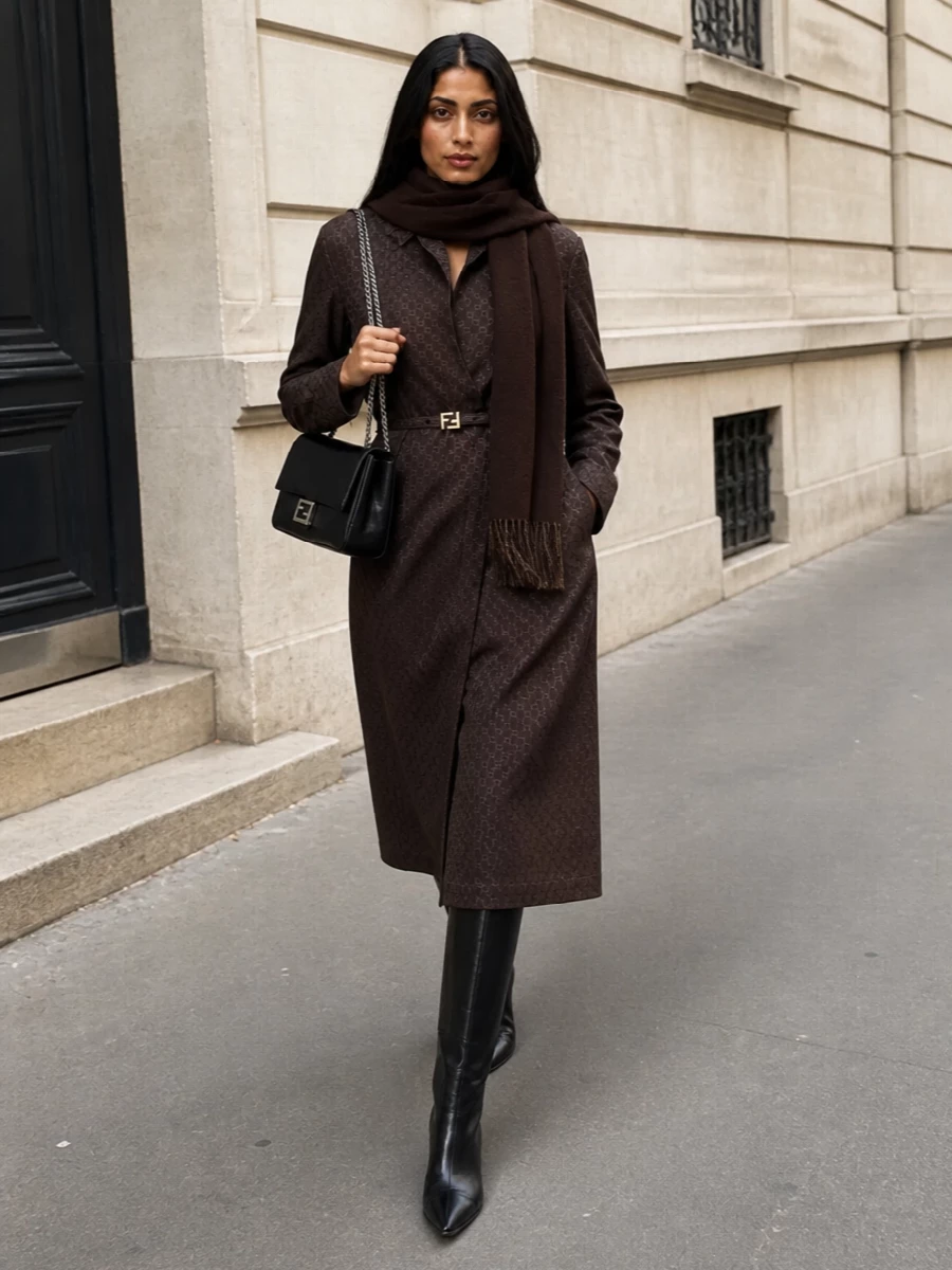 Fendi’s chocolate jacquard shirt dress is grounded with razor-sharp black knee-high boots, giving the fluid midi column a strong, architectural edge. A sleek black flap shoulder bag keeps the palette refined and urban, while the deep brown scarf adds just enough winter softness and texture without disturbing the dress’s discreet logo drama. The result is a polished, evening-ready look that feels sensual, composed, and unmistakably luxurious yet understated.