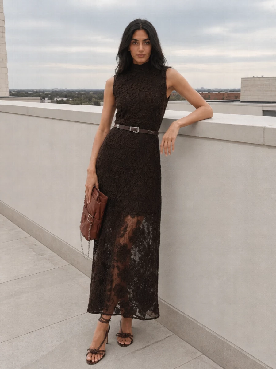 Rotate lace maxi dress brown heels clutch