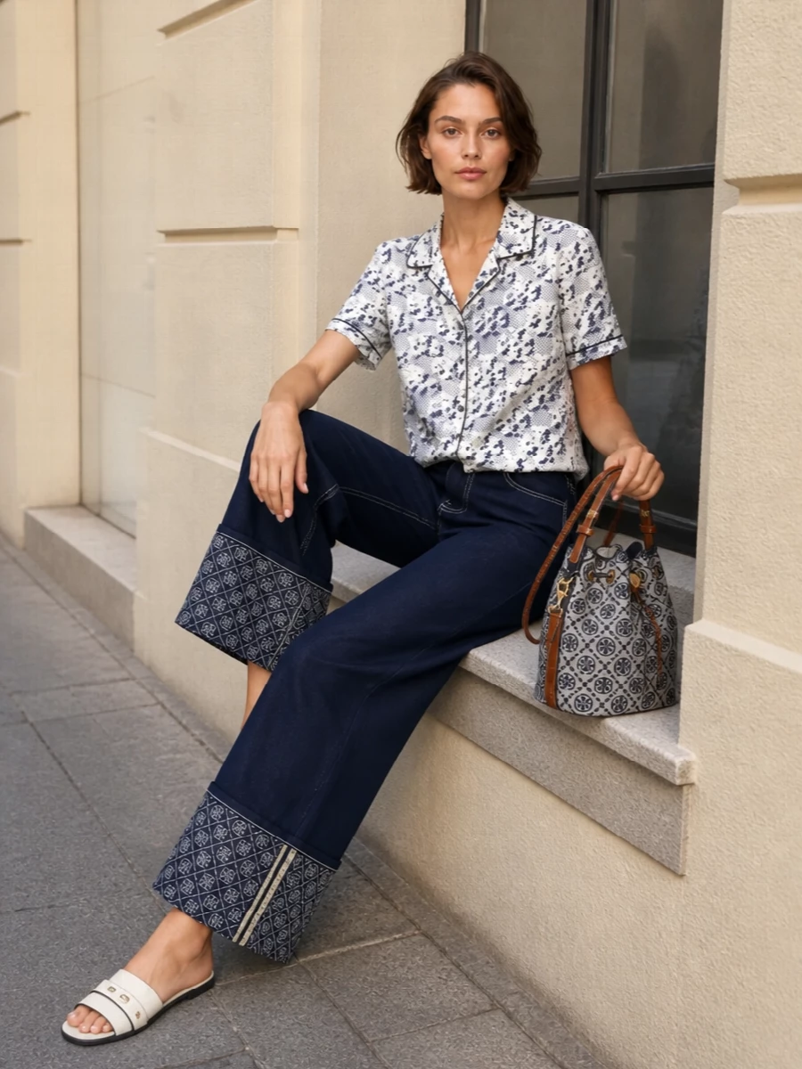 Tory burch wide leg jeans printed shirt outfit