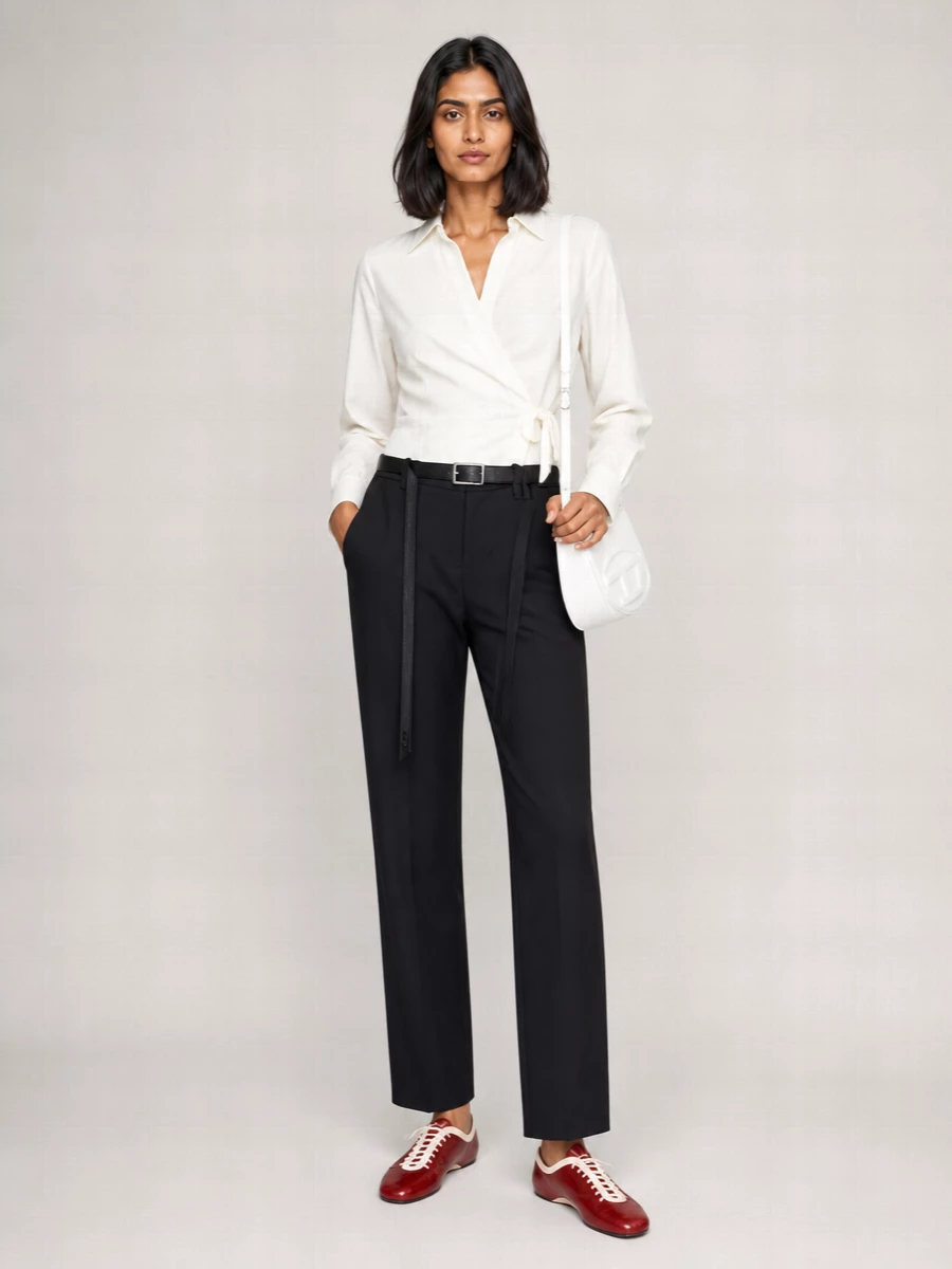 An ivory wrap shirt meets sharp black wrap-waist trousers for a clean, modern take on desk-to-dinner tailoring. Deep red lace-up flats add a subtle hit of color, while the optic white cross-body and slim black belt keep the lines precise and unfussy. The result is minimalist, sculpted and quietly confident for a polished workday or gallery evening.