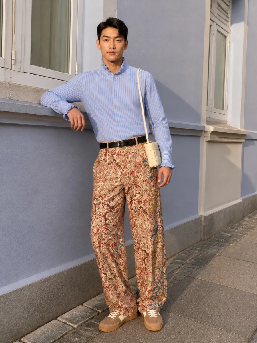 This look lets the Valentino paisley trouser take center stage, balanced by the softly theatrical striped blue shirt for a refined yet artistic FW mood. Neutral taupe sneakers and a butter-cream intrecciato crossbody keep the palette warm and cohesive, while a discreet black belt adds just enough structure for elevated off-duty wear. The result is bohemian tailoring with a polished, gallery-to-dinner ease.