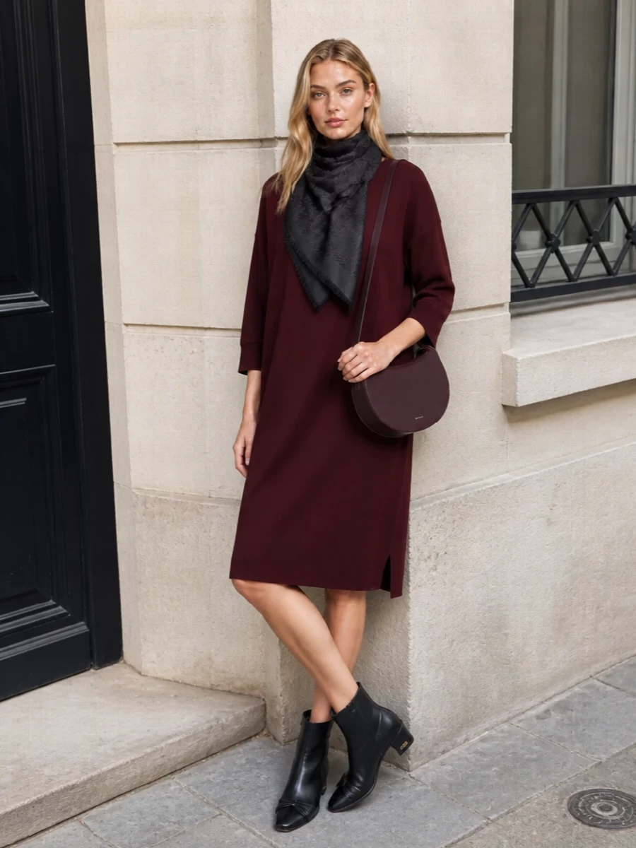 Burgundy sweater dress black ankle boots outfit