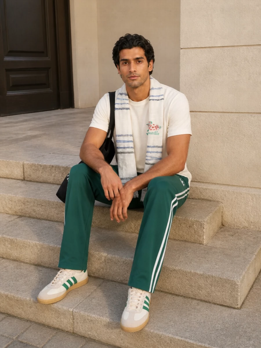 Off-white and deep green keep this sporty outfit clean and confident, letting the playful chest graphic sit as the only hit of colour and character. Straight-leg track pants and terrace-style sneakers share the same green note, so the line from tee to shoe feels deliberate rather than matchy. A minimal black tote and fine striped scarf bring just enough city polish without disturbing the relaxed, athletic mood.