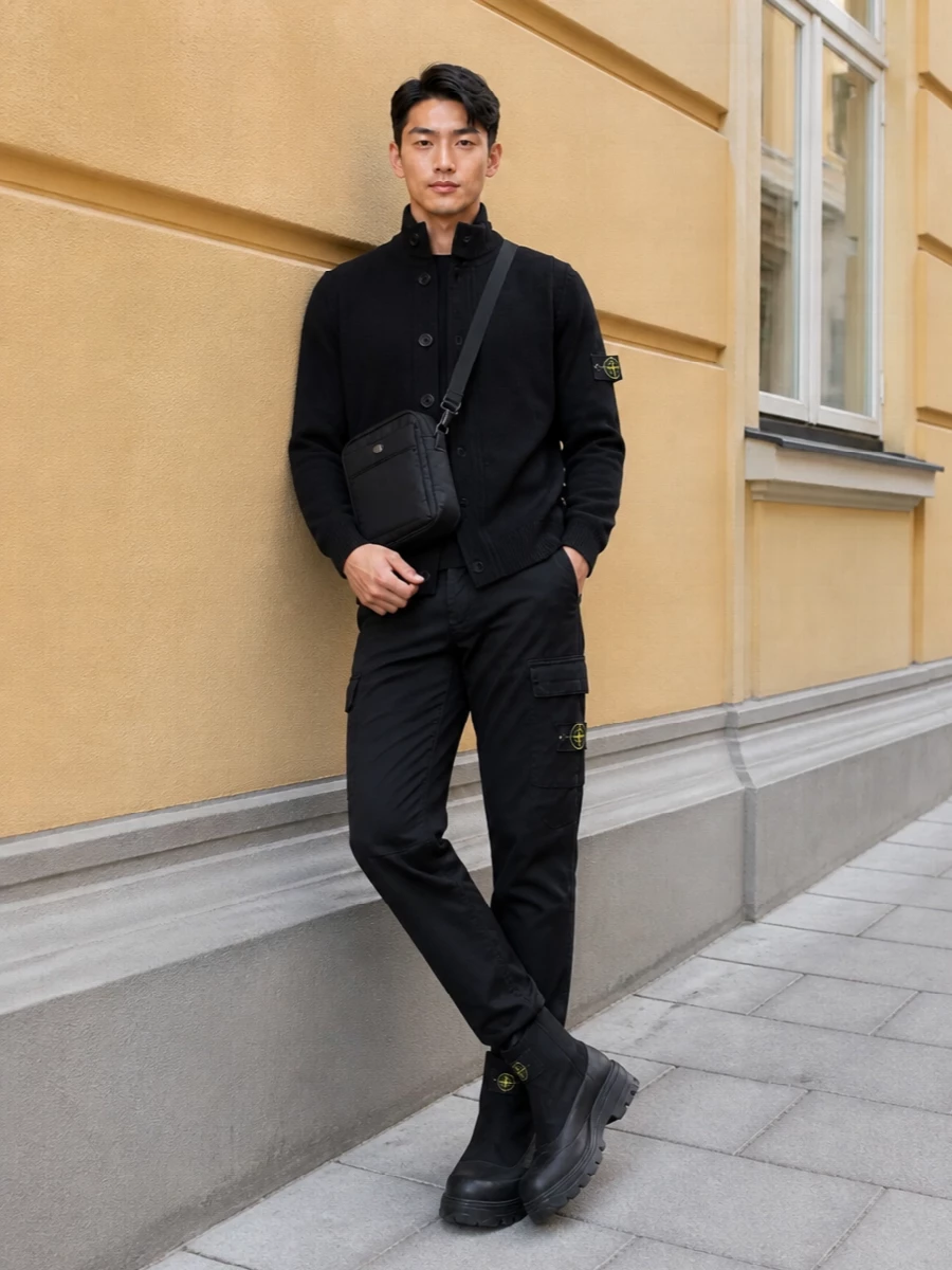 Stone island black cardigan cargo outfit