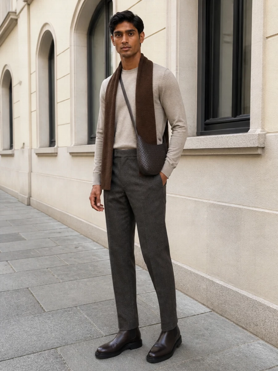 Warm beige Bottega knit meets pleated charcoal-brown trousers for a quietly precise, soft-tailored outfit. Dark chocolate Chelsea boots and a matching curved crossbody keep the palette rich and cohesive, while a tonal brown scarf introduces just enough texture for depth. The result is relaxed but polished, ideal for days when you want refinement without formality.