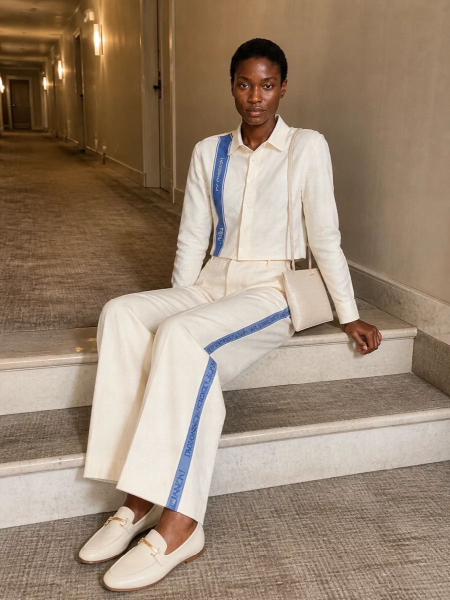 JW Anderson’s cropped logo-striped shirt is paired with the matching buttercream wide-leg trouser for a modern, tailored column in soft neutrals and slate blue. Ivory loafers and a compact cream crossbody keep the mood polished yet relaxed, perfect for city days when you want structure without stiffness. The result feels quietly graphic, preppy and considered from every angle.