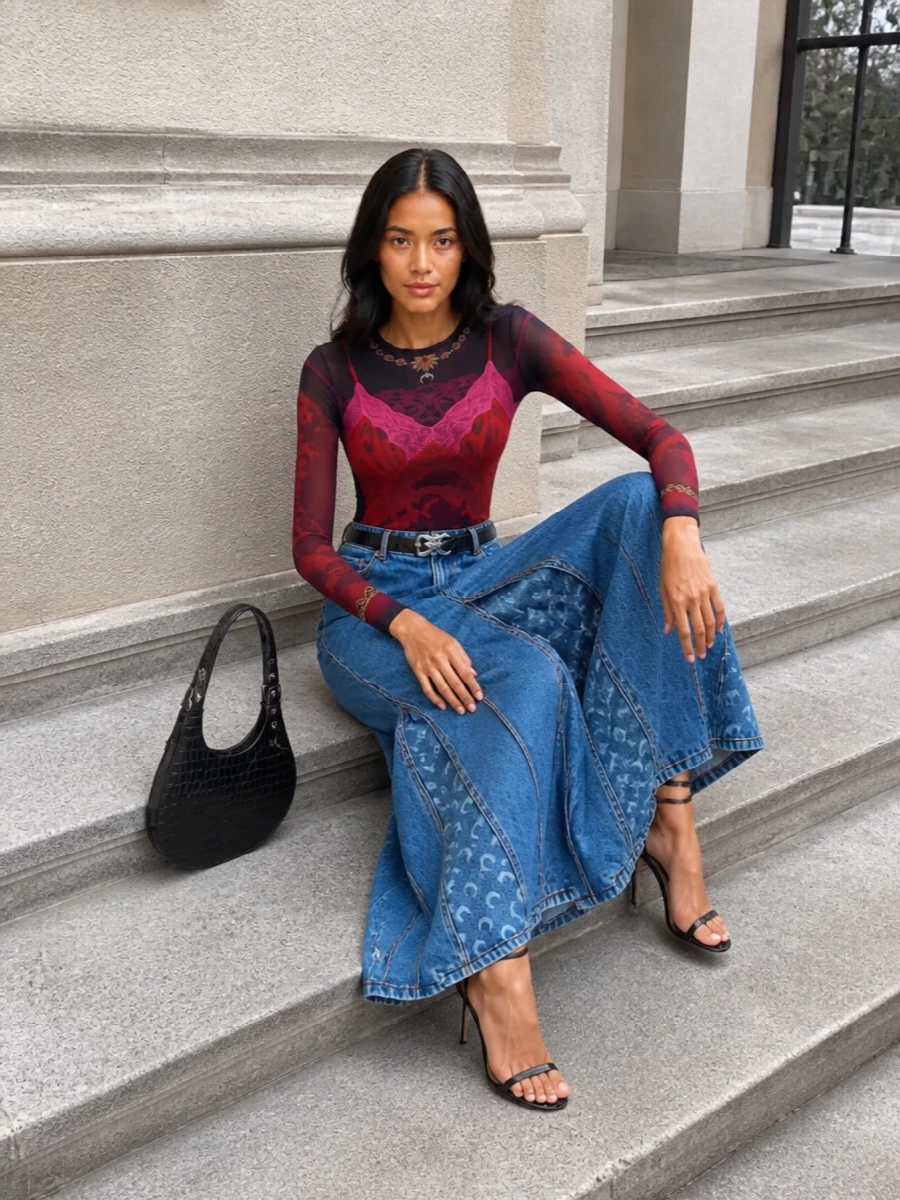 Marine serre mesh top denim maxi heels outfit