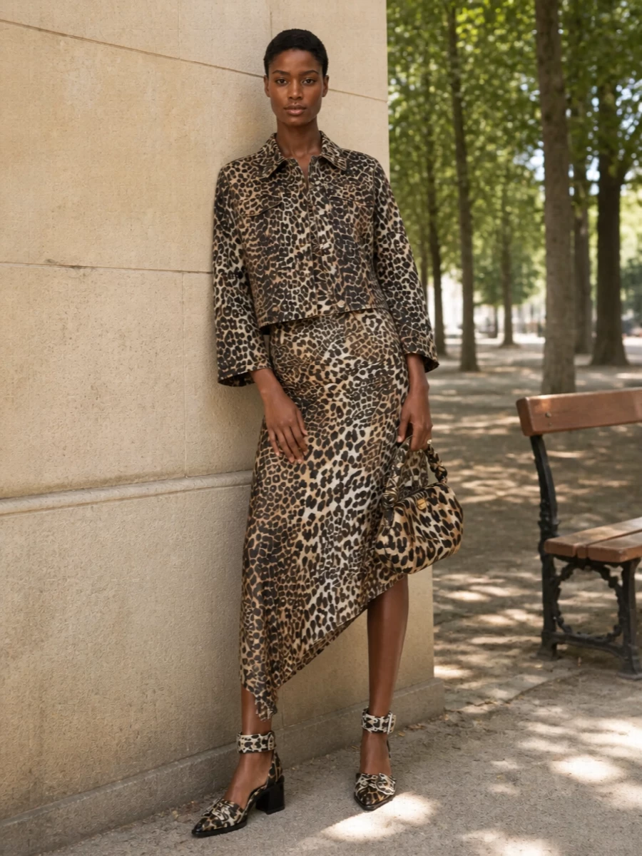 I am deliberately leaning into full Ganni leopard, using the slinky asymmetric midi as the anchor because its longer, fluid line reins in the cropped jacket’s volume better than a top and jeans route. The block-heel sandals and sculpted cross-body hold the formality at night-out level without tipping into heavy, so the whole combination feels graphic, confident and still easy to throw on. It is a head-to-toe statement, but the clean silhouettes and consistent warm-brown palette keep it controlled rather than chaotic.
