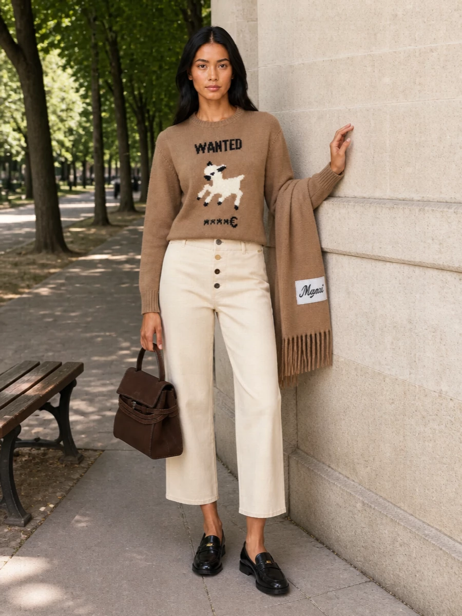 Moschino camel sweater beige trousers outfit