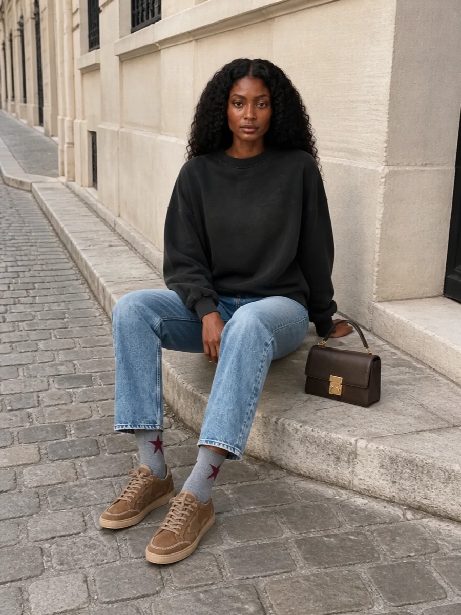 Golden goose sweatshirt jeans sneakers outfit