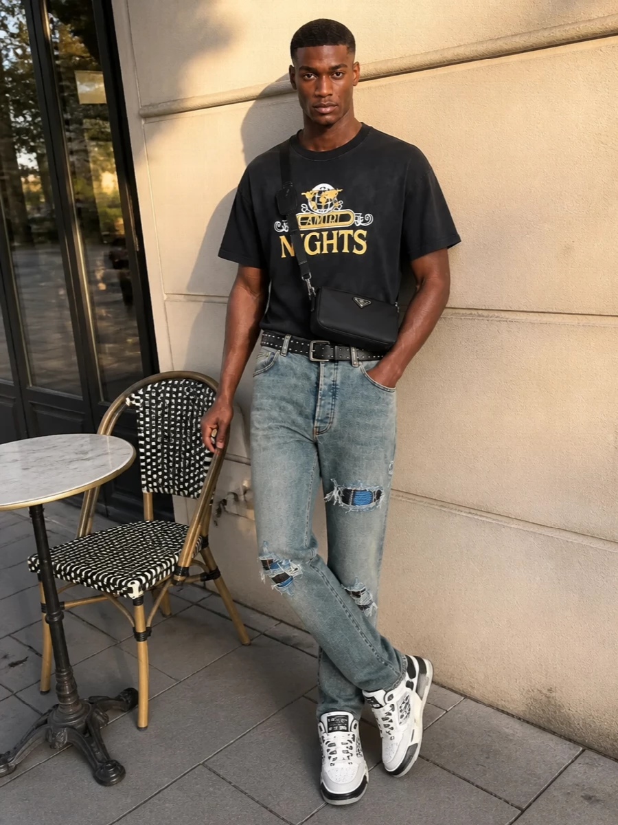 Amiri denim jeans graphic tee sneakers outfit