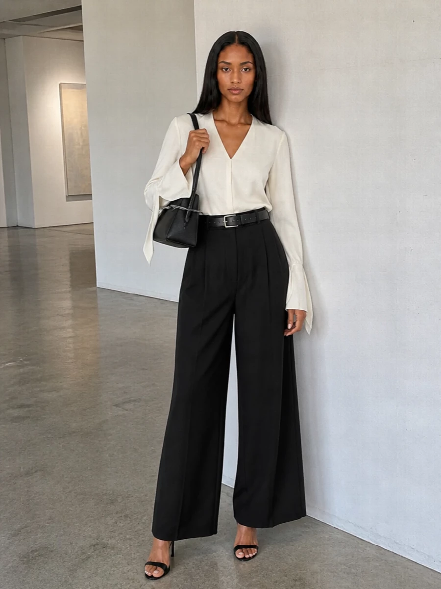 Givenchy wide leg trousers ivory blouse outfit