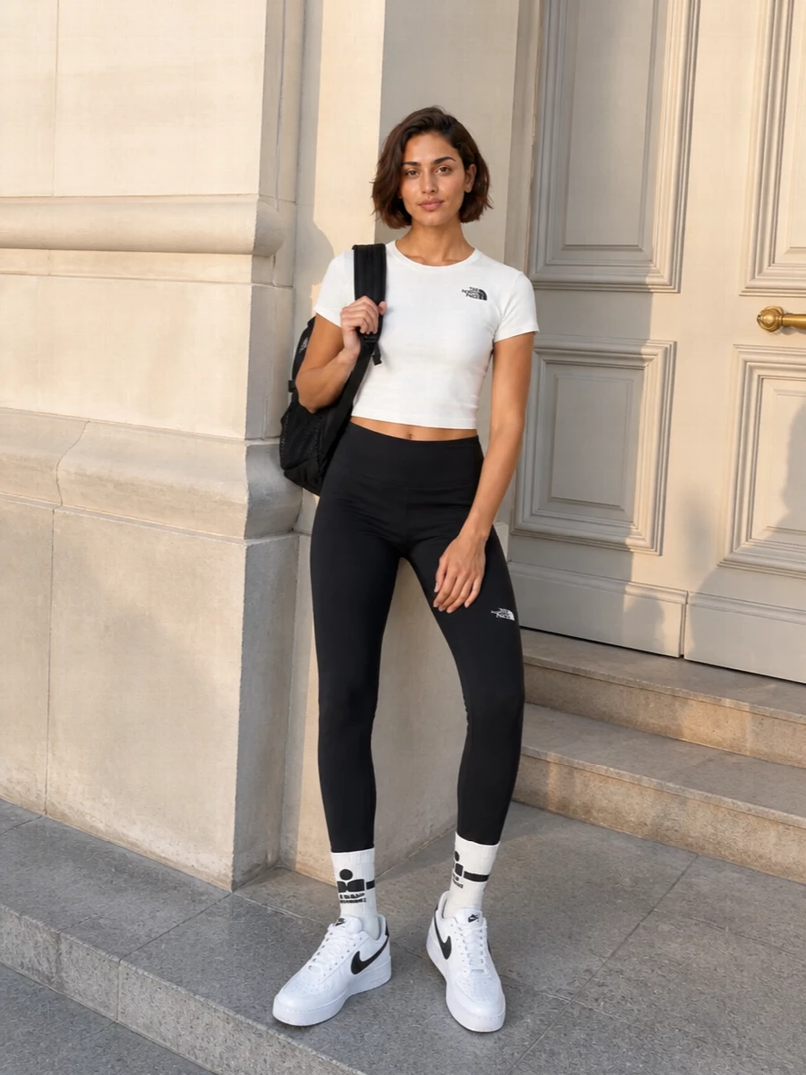 North face crop top black leggings nike sneakers