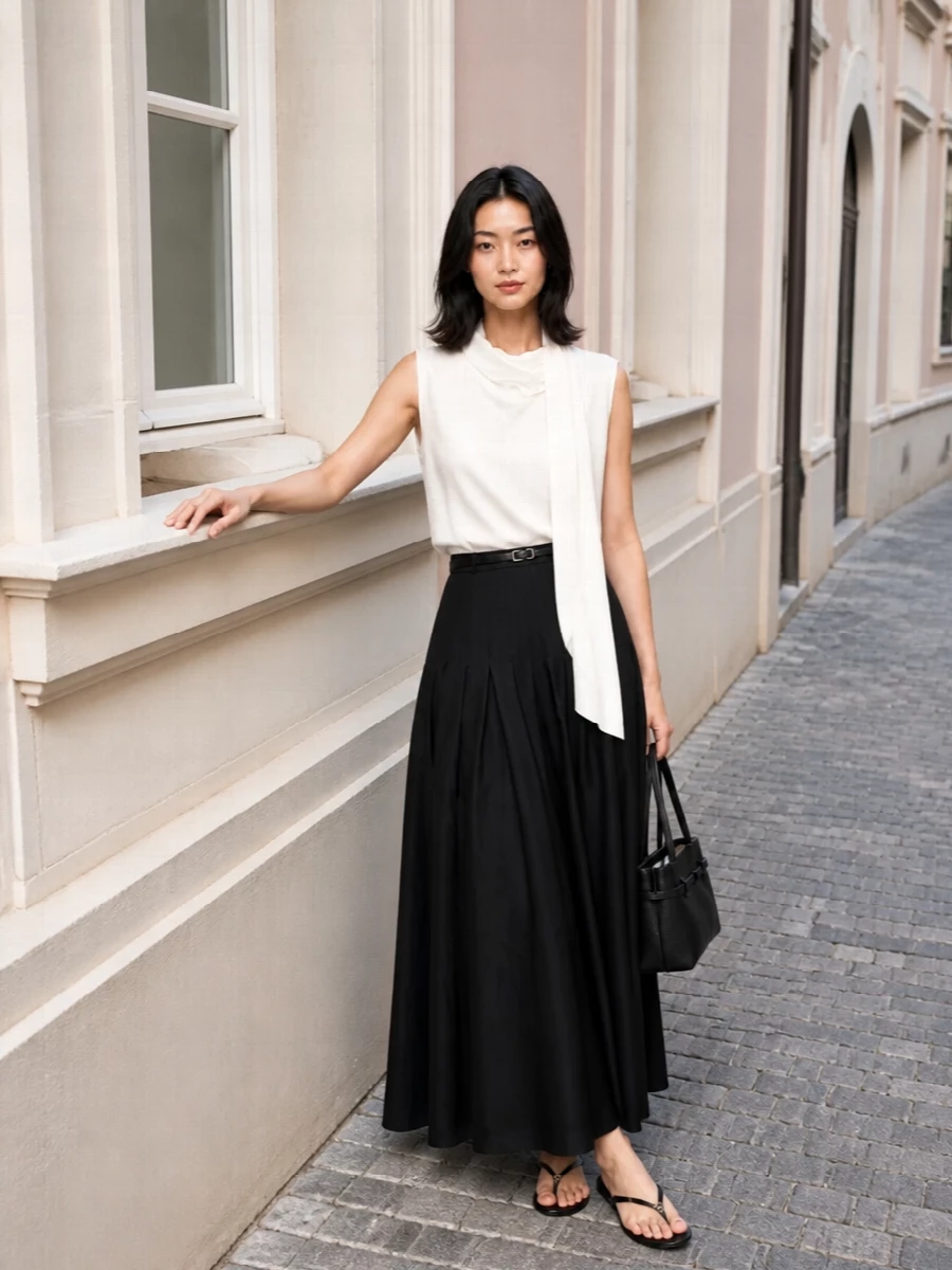 Max mara black maxi skirt ivory top outfit