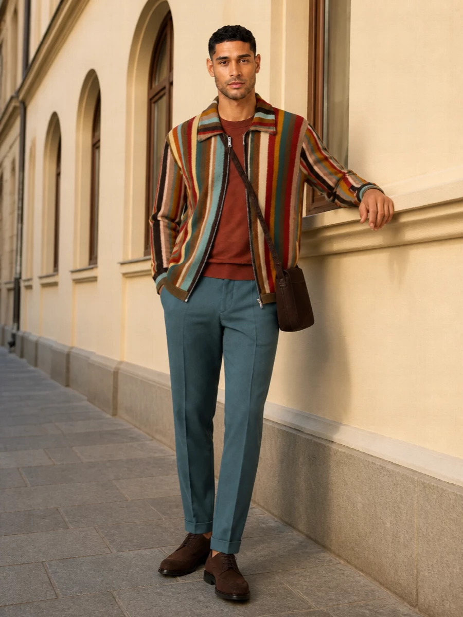 Paul smith striped jacket teal trousers outfit