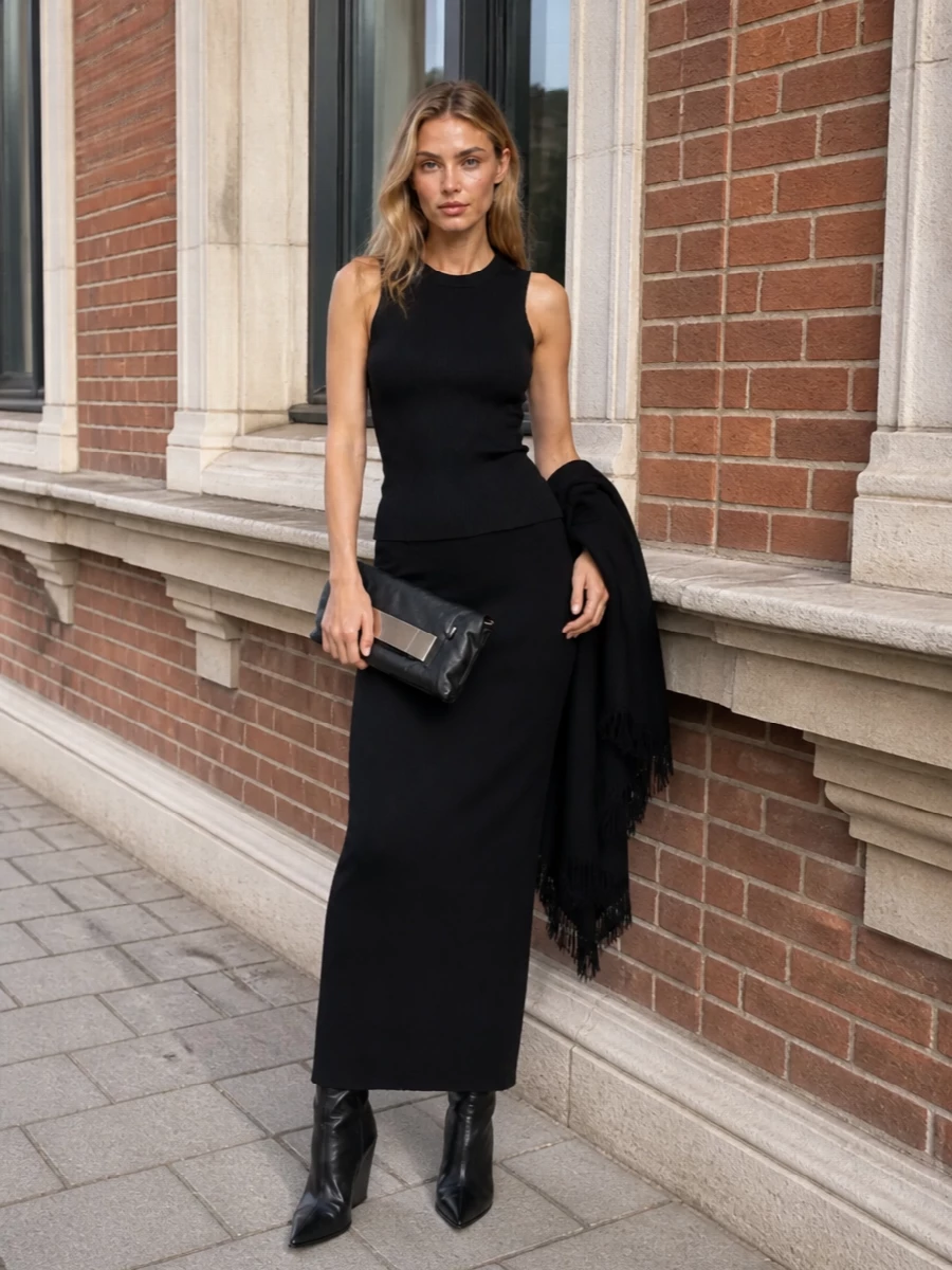 Rick owens black ribbed tank knit maxi outfit