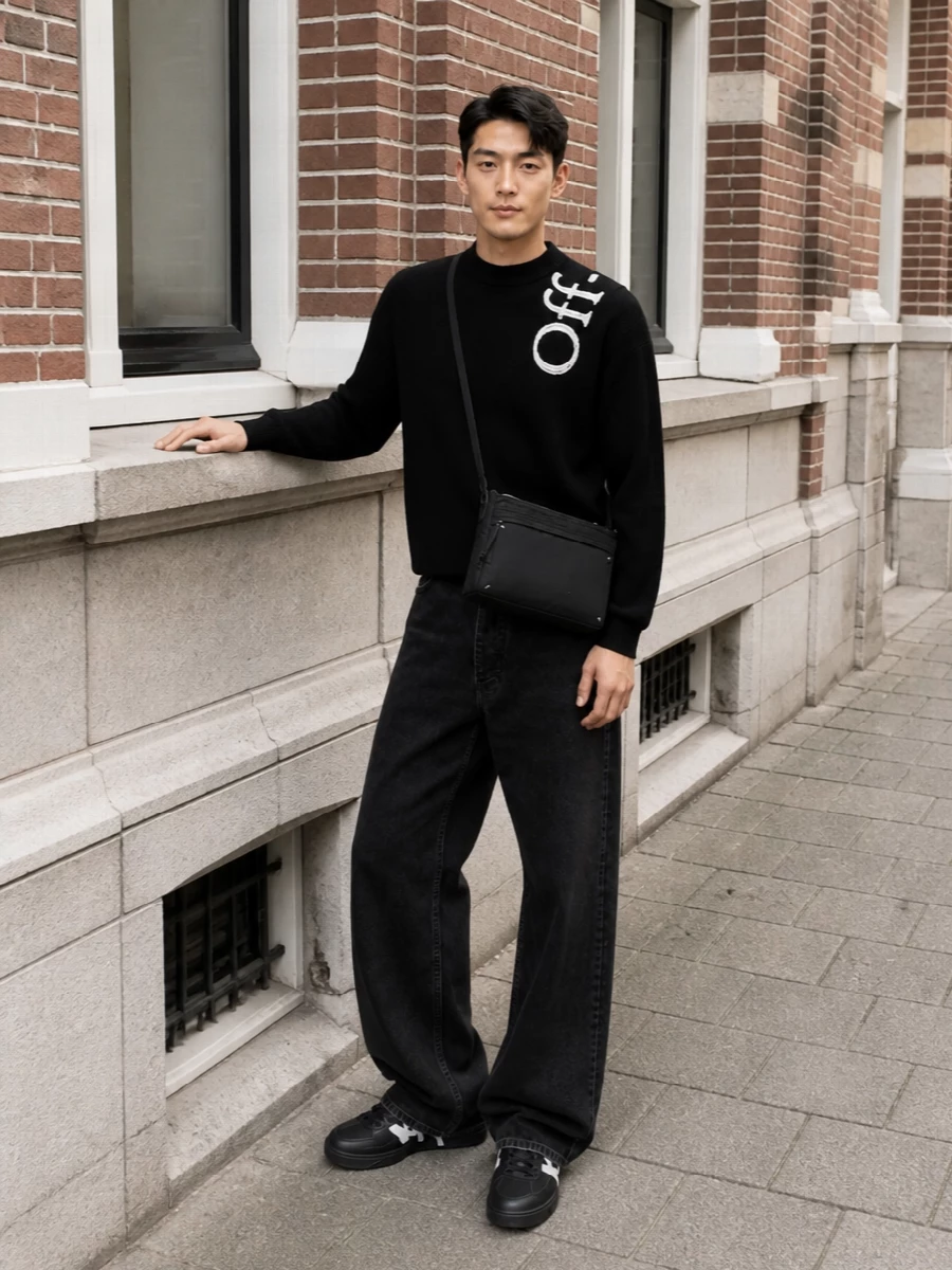 Off white black sweater wide leg jeans sneakers