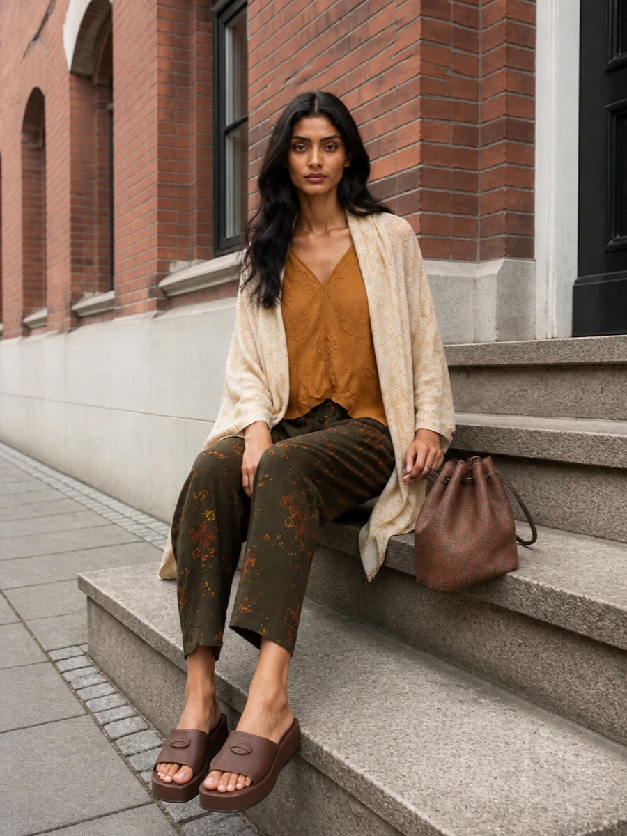 Uma wang floral trousers ochre knit brown slides