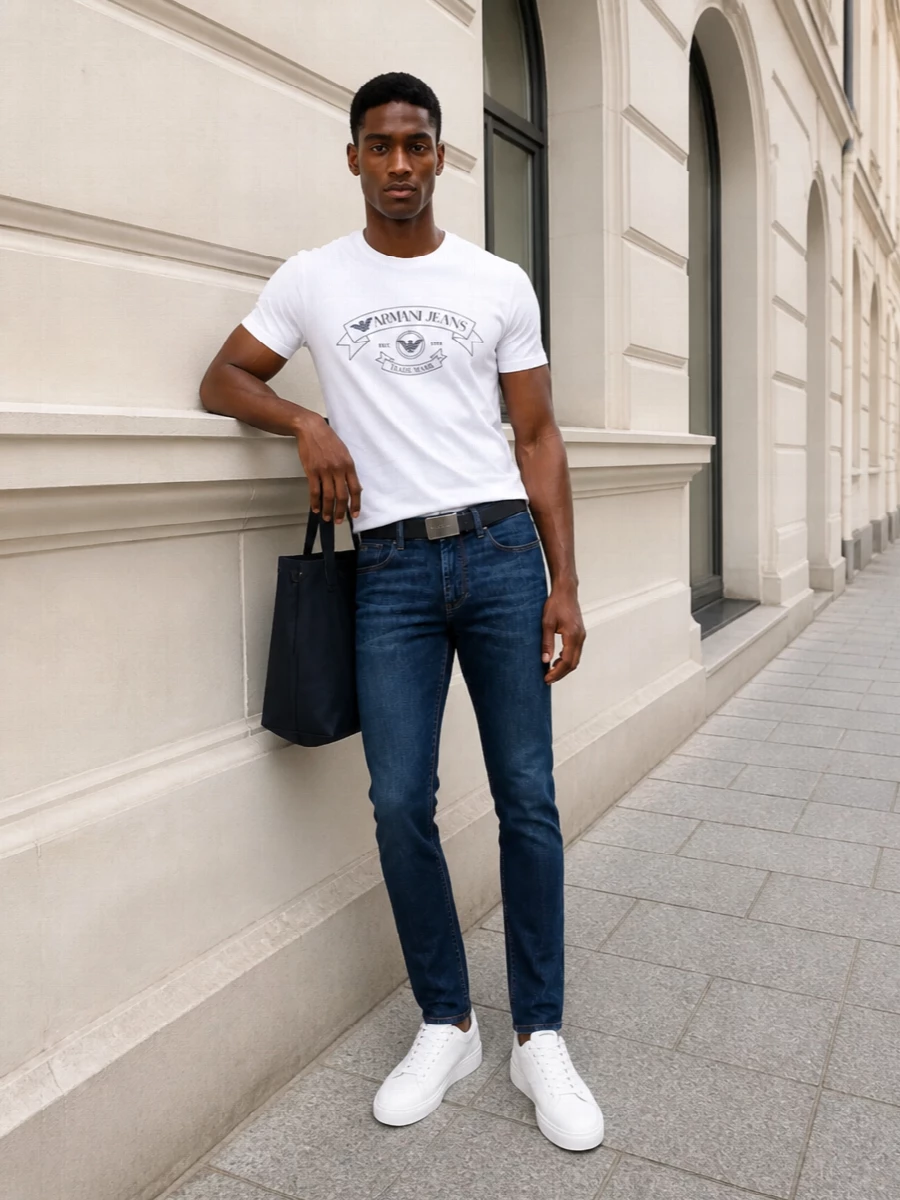 A white Armani crest tee sits over mid‑indigo slim denim for a clean, collegiate take on weekend dressing. White leather sneakers keep the palette bright and coordinated, while a navy belt and structured tote finish things with quiet intent. It is an easy uniform for city days when you want casual pieces to read considered rather than thrown on.