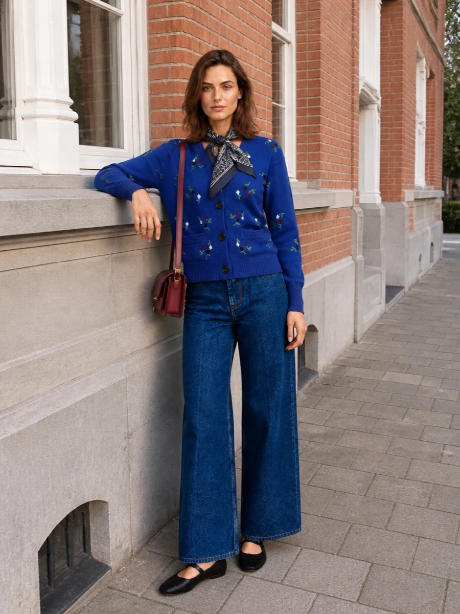 Marni floral cardigan wide leg jeans mary janes
