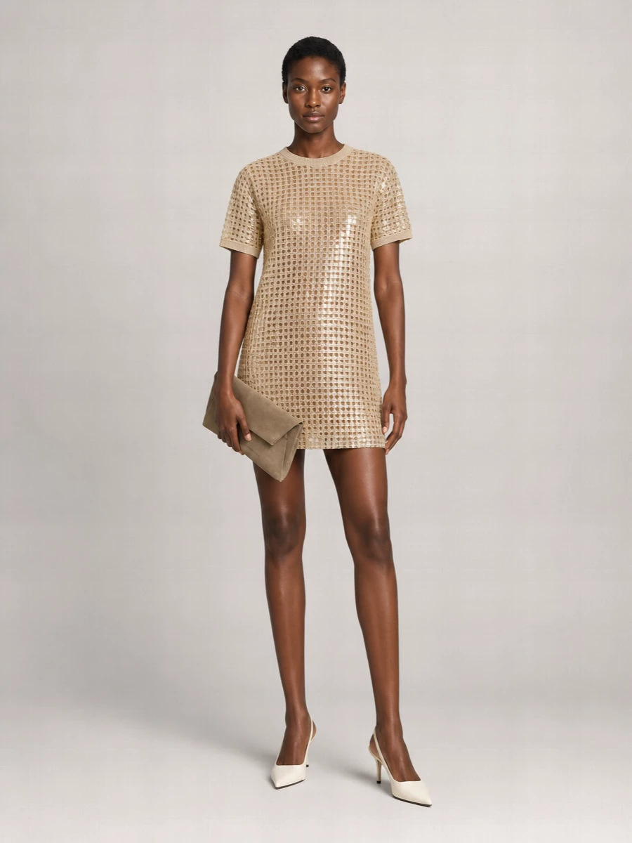 Brunello Cucinelli Silk Linen Sequin Mesh-Knit Short-Sleeve Mini Dress