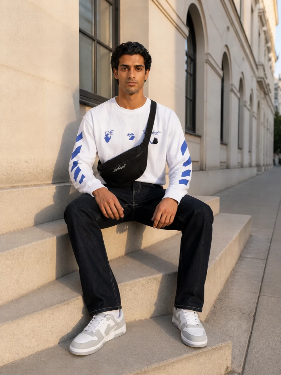 Off white cobalt tee dark indigo jeans outfit