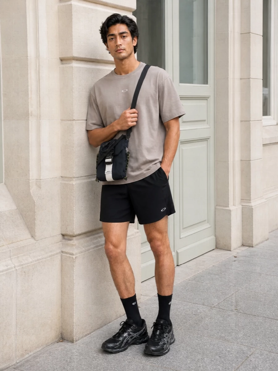Oakley running shorts taupe tee asics sneakers