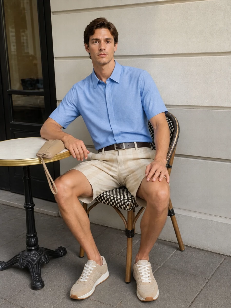 Fendi striped shorts blue boxy shirt outfit
