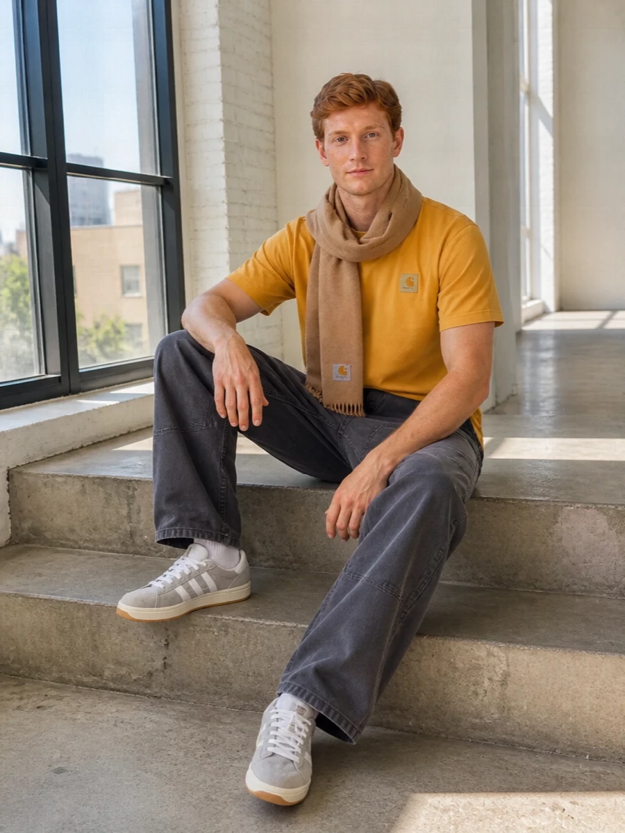 Carhartt mustard tee charcoal work pants outfit